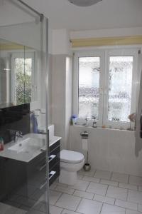 een badkamer met een toilet, een wastafel en een raam bij Grüntal Residenz I Whg 6 in Grömitz