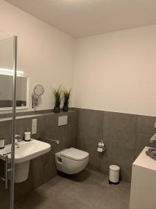 een badkamer met een toilet en een wastafel bij Ferienwohnung 2404 App 5 in Burhave in Burhave