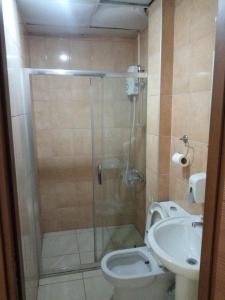 a bathroom with a shower and a toilet and a sink at Daisy Hotel in İzmir