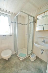 a bathroom with a shower and a toilet and a sink at Koch 1 in Dahme