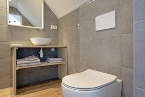 a bathroom with a white toilet and a sink at Daaldersplek Bantega in Bantega +21 photos