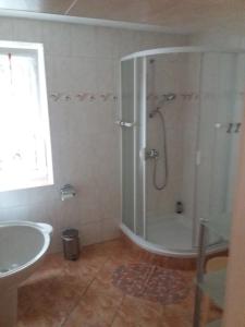 a bathroom with a shower and a tub and a sink at Haus Hupertus in Schleusingen