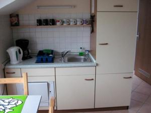 een kleine keuken met een wastafel en een aanrecht bij Ferienwohnung Ditz I in Büdelsdorf