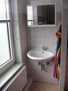 a bathroom with a sink and a mirror at Ferienwohnung Ditz I in Büdelsdorf