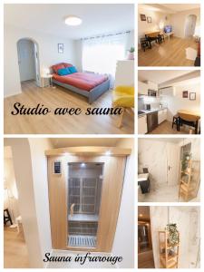 un collage de cuatro fotos de una habitación en PRESTIGELOC Luxury Studio avec SAUNA PRIVÉ GRATUIT ou sans - Centre ville d'Orléans en Orléans