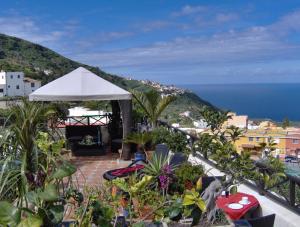 eine Terrasse mit einem weißen Regenschirm und einigen Pflanzen in der Unterkunft Apartment im englischen Stil mit Meerblick in Icod de los Vinos