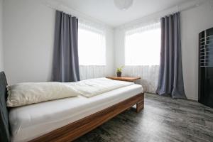 ein Schlafzimmer mit einem Bett und zwei Fenstern in der Unterkunft Apartment by Janzen E in Rheine