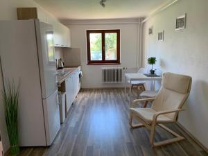 a kitchen with a refrigerator and a table and chairs at Ubytování u koupaliště in Velké Meziříčí +15 photos