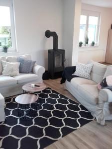 a living room with two couches and a rug at "Heimathafen" mit Sauna in Hohenkirchen