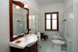 a bathroom with a sink and a toilet and a mirror at Agriturismo Rio Sordo in Barbaresco
