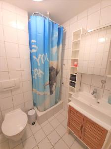 a bathroom with a toilet and a shower curtain at Ferienwohnung Villa Wolke in Sankt Wendel