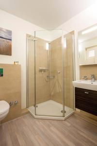 a bathroom with a shower and a toilet and a sink at ancora Marina Haus 1 Nr 06, Typ 2 in Neustadt in Holstein