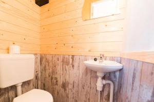 een badkamer met een witte wastafel en een toilet bij Große Nordseewelle ohne Hund in Flüthörn