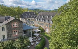 eine Luftansicht einer Stadt mit Gebäuden in der Unterkunft Weinromantikhotel Richtershof in Mülheim an der Mosel