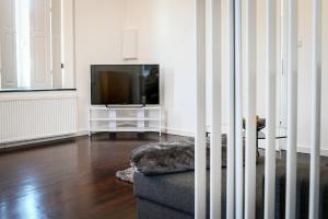 sala de estar con TV y sofá en Mühlen-Apartment im Herrenhaus Rheinblick, en Xanten