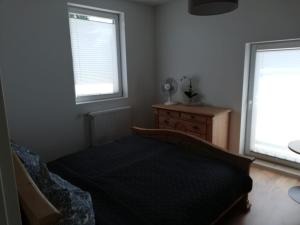 a bedroom with a bed and a dresser and two windows at Storchennest in Raduhn