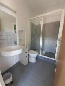 a bathroom with a sink and a toilet and a shower at Les Prairies de Bellevue, idéal curistes, vacanciers et ouvriers in La Roche-Posay