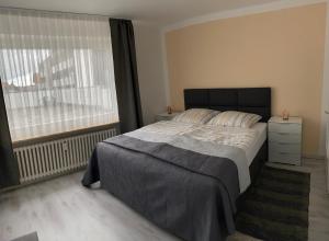 une chambre avec un grand lit et une fenêtre dans l'établissement FeWo Villa - Mitten im Herz Goslar, à Goslar