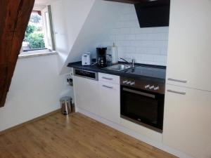 a small kitchen with a sink and a stove at Ferienwohnung am neuen Thore III in Blankenburg