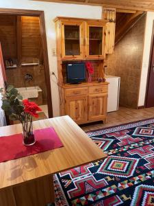 a living room with a table with a television and a kitchen at B&B Casa Ori 2 in Miroglio