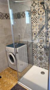 La salle de bains est pourvue d'une douche et d'un lave-linge. dans l'établissement Maison 400m Océan avec jardin clos et ombragé, à Saint-Georges-dʼOléron