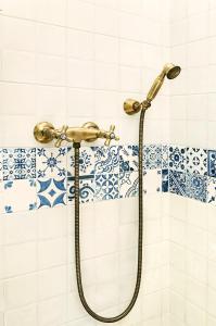 a shower in a bathroom with blue and white tiles at Vinný sklípek Blatnice in Blatnice