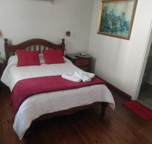 - une chambre avec un lit et des oreillers rouges dans l'établissement Hotel Romi, à Colonia del Sacramento