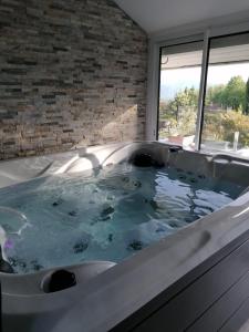 eine Whirlpool-Badewanne in einem Zimmer mit Fenster in der Unterkunft Adorelys week end massage et spa in Saint-Cassien