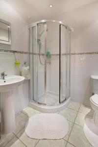 a bathroom with a shower and a sink and a toilet at Drumgart Self Catering Cottage in Carrickfergus