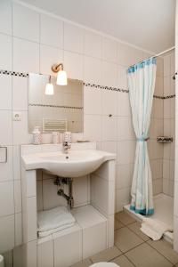 a bathroom with a sink and a mirror and a shower at Wohnung 2 in Fehmarn