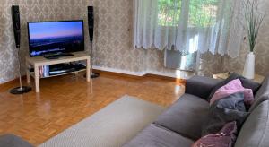 salon z kanapą i telewizorem z płaskim ekranem w obiekcie Le Gîte de l'Ecureuil w mieście Sturzelbronn