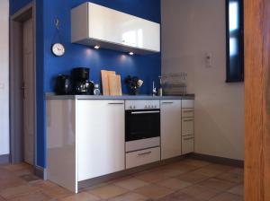kuchnia z białymi urządzeniami i niebieską ścianą w obiekcie Gut Alt Farpen Ferienwohnung 1 w mieście Blowatz