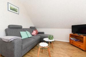 a living room with a gray couch and a tv at Schleswig-Holstein Whg 04 OG re in Nieblum