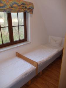 - 2 lits dans une chambre avec 2 fenêtres dans l'établissement Finnhäuser am Vogelpark - Haus Annika, à Marlow