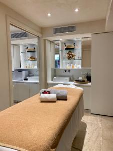 a kitchen with a counter with two towels on it at Hotel Spa Genovese in Bonifacio