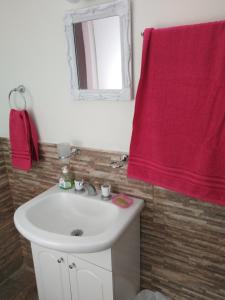 a bathroom with a sink and a red towel at Departamento en Luis Guillon in Luis Guillón