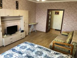 um quarto com uma cama, uma televisão e uma lareira em Уютная квартира em Kiev