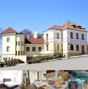dos fotos de una casa y un edificio en Hotel U Brány en Uherský Brod