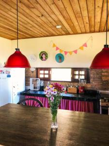 a vase of flowers sitting on a table in a kitchen at Casa Serra Negra in Bezerros +24 photos