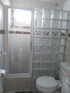 a bathroom with a toilet and a shower with glass panels at Casa en algarrobo in Algarrobo