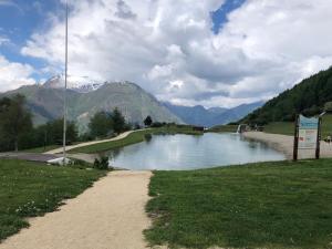 una masa de agua con una montaña en el fondo en Les deux alpes appartement 6 personnes en Les Deux Alpes