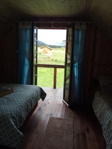 a bedroom with a bed and a door to a field at Chalé 2 pinheiros in Urubici