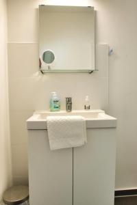 a white bathroom with a sink and a mirror at Segellast 2 in Lübeck