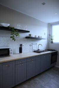 a kitchen with gray cabinets and a counter top at Apartament Royal in Dej