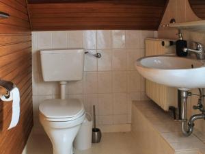 a small bathroom with a toilet and a sink at Haus Cathleen, Atelierwohnung in Dahme