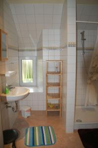 y baño pequeño con lavabo y ducha. en FeWo Gotthard, en Hanerau-Hademarschen