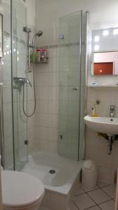 een badkamer met een douche, een toilet en een wastafel bij Haus Baltic App 132 - gleich hinter dem Deich, sonnige Balkonwohnung in Südwestlage in Grömitz