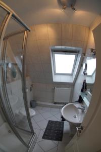 a bathroom with a shower and a sink at Haus Swantje - Fewo 1 in Dahme