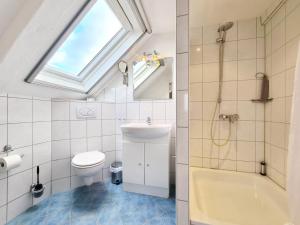 a bathroom with a sink toilet and a skylight at MeerBlüte in Vadersdorf