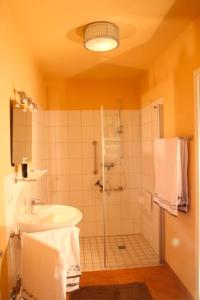 een badkamer met een douche en een wastafel bij Souhayla in Friedenstal